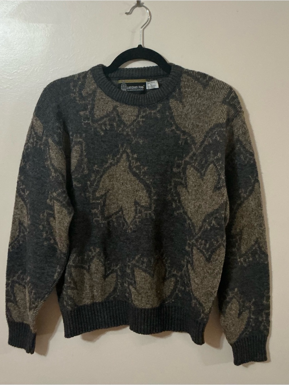London Fog Men's Charcoal and Brown Patterned Crewneck Sweater Acrylic/Wool